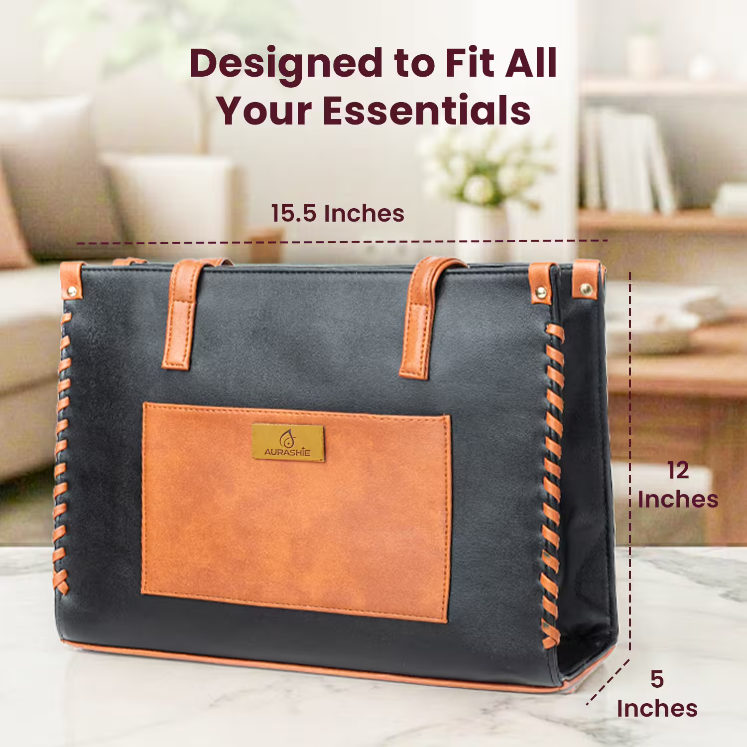 Black and brown bag with dimensions labeled on a blurred indoor background