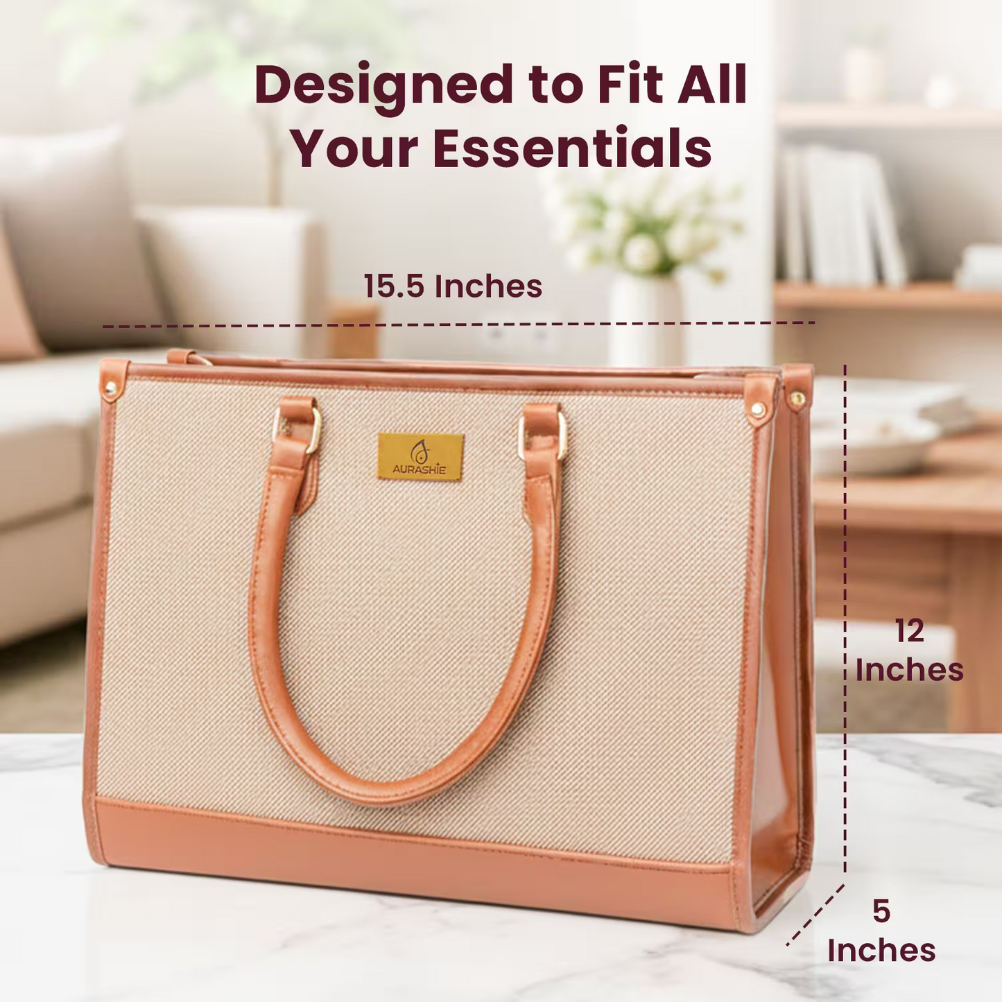 Beige tote bag with brown handles and trim, shown with measurements and text 'Designed to Fit All Your Essentials'.