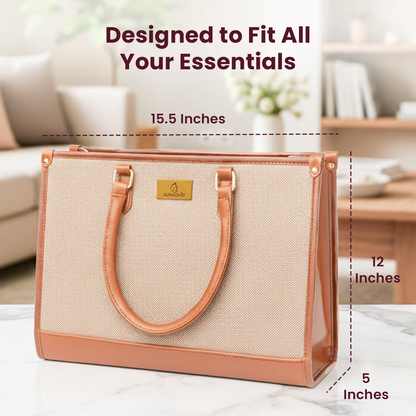Beige tote bag with brown handles and trim, shown with measurements and text 'Designed to Fit All Your Essentials'.