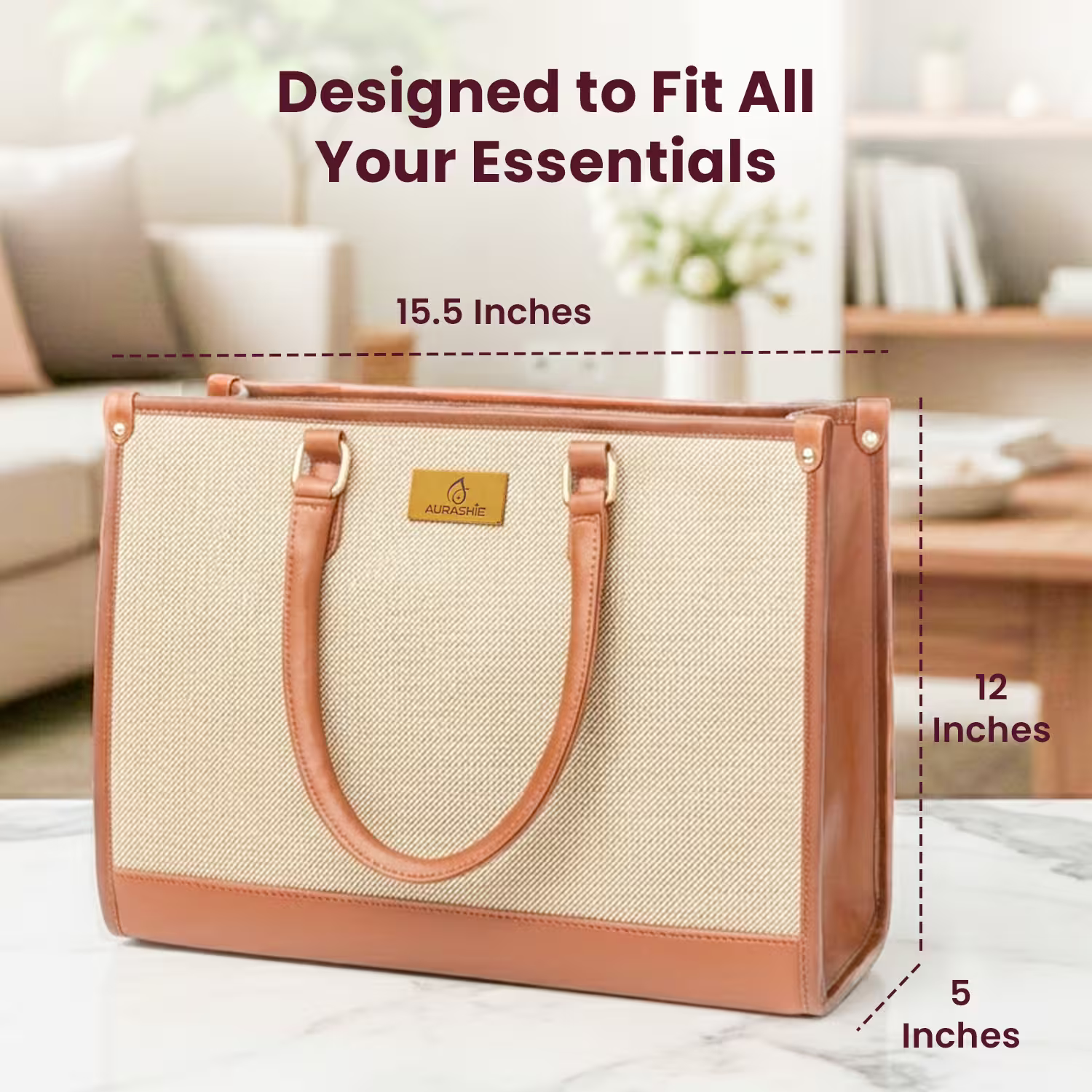 Beige tote bag with brown handles on a white surface, dimensions indicated.