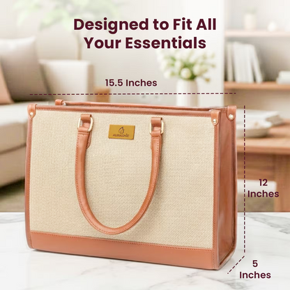 Beige tote bag with brown handles on a white surface, dimensions indicated.