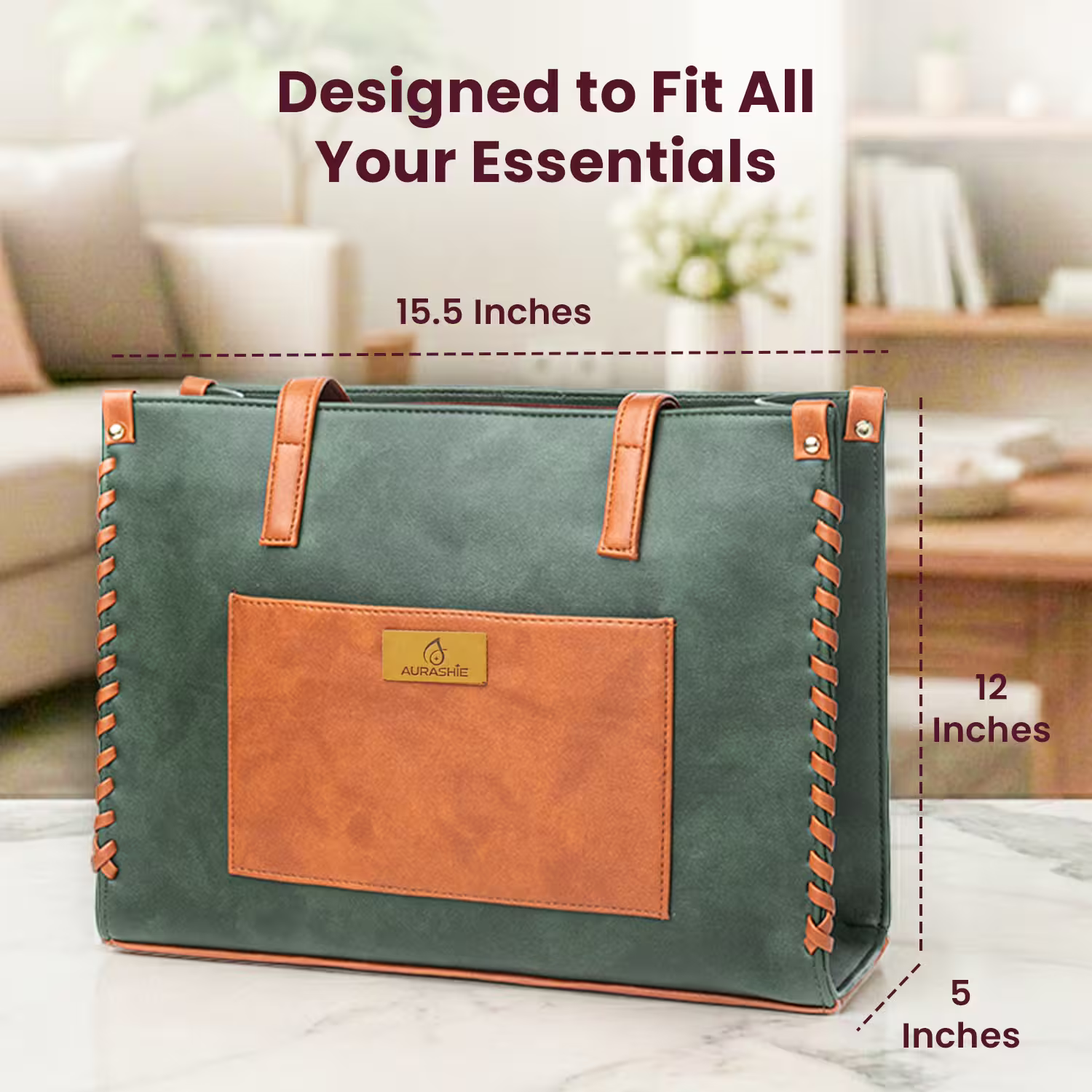 Green and brown bag with dimensions labeled on a blurred indoor background