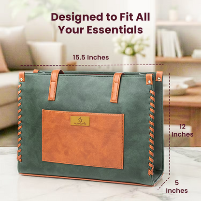 Green and brown bag with dimensions labeled on a blurred indoor background