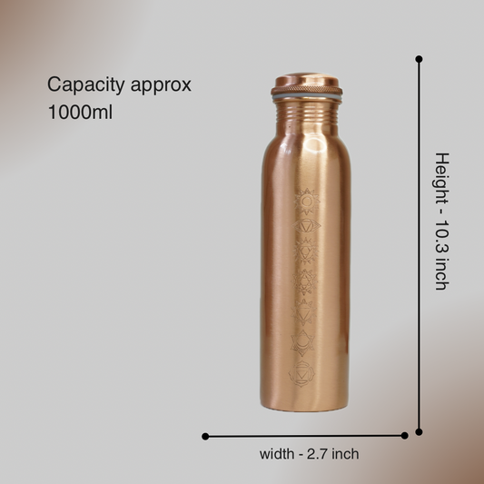 Copper water bottle with measurements on a light gray background