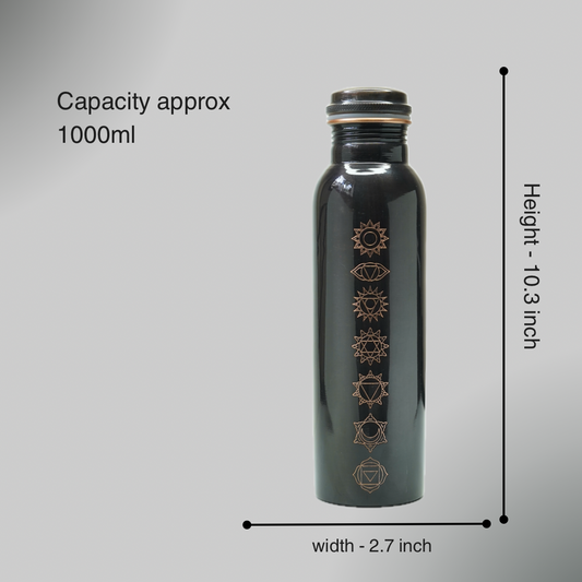 Black water bottle with symbols on a gray background, showing measurements and capacity details.