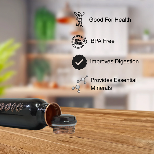 BPA-free bottle with health benefits text on a blurred kitchen background
